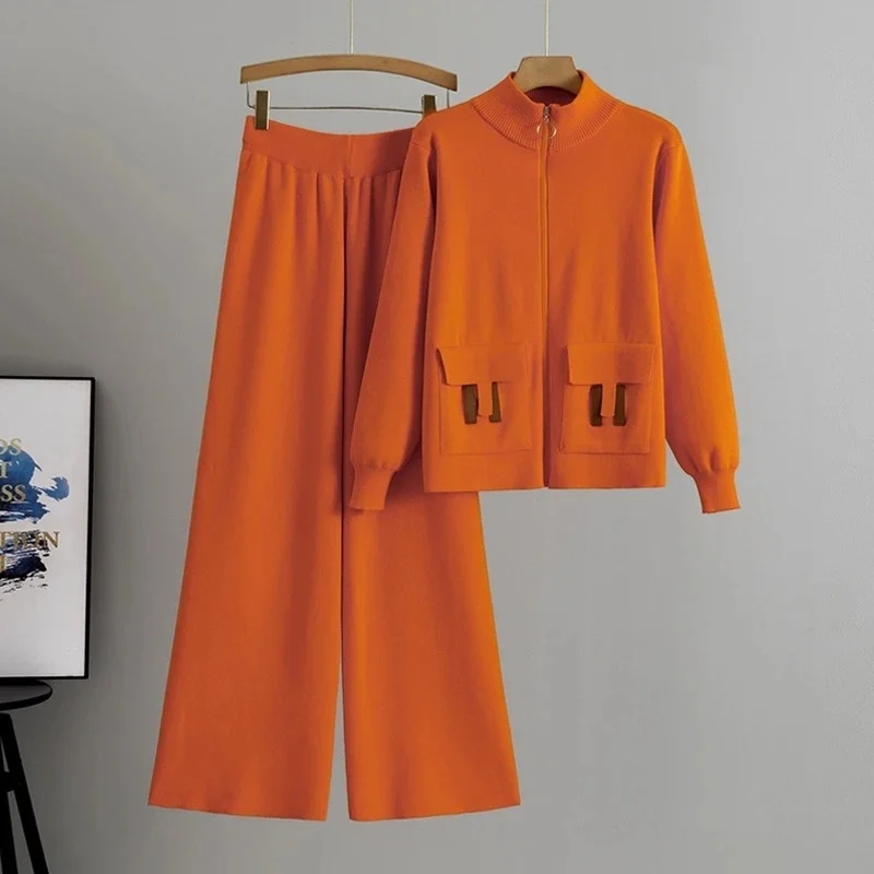 Fashion Temperament Simple Knitted Cardigan Wide-leg Pants Two-piece Set