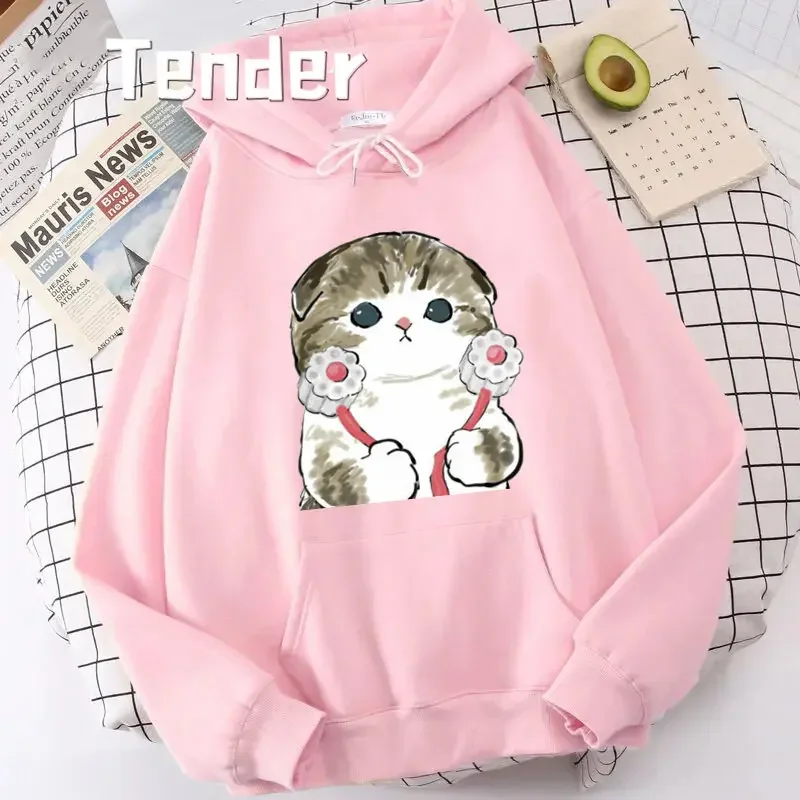 Womens Y2k Aesthetic Cat Play Phone Hoodie Sweatshirt Long Sleeve Harajuku Autumn Winter Hooded  Funny Cute Pet Outwear Hoodie