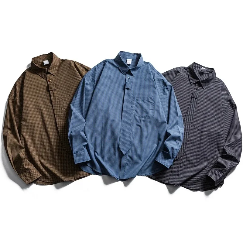 Detachable Tie Plaid Shirts Men Women Japanese Korean Streetwear Fashion Loose Casual Long Sleeve Shirts Couple Blouses