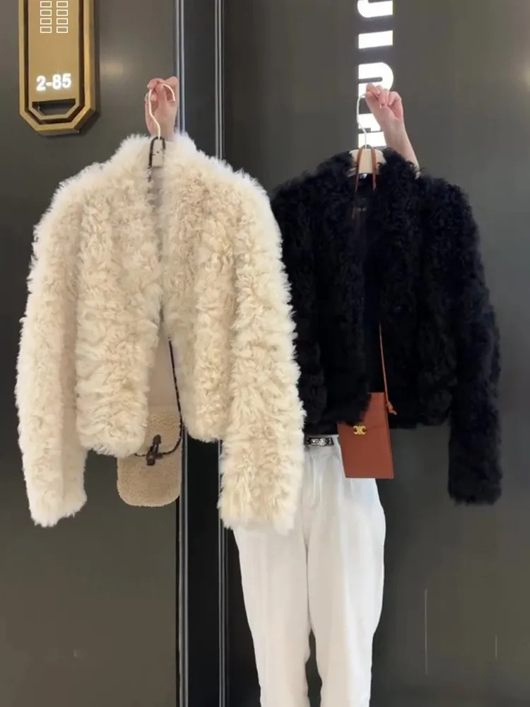 Casaco Feminino Americano Retrô de Couro e Pele de Cordeiro, Novo Lançamento de Inverno Ele Aosphere