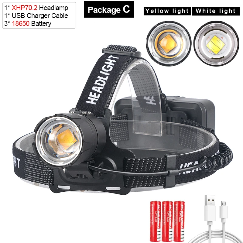 XHP70 Led-koplamp Meest krachtige oplaadbare koplamp met geel/wit licht Vissen Camping Zoom-koplamp Waterdichte koplamp