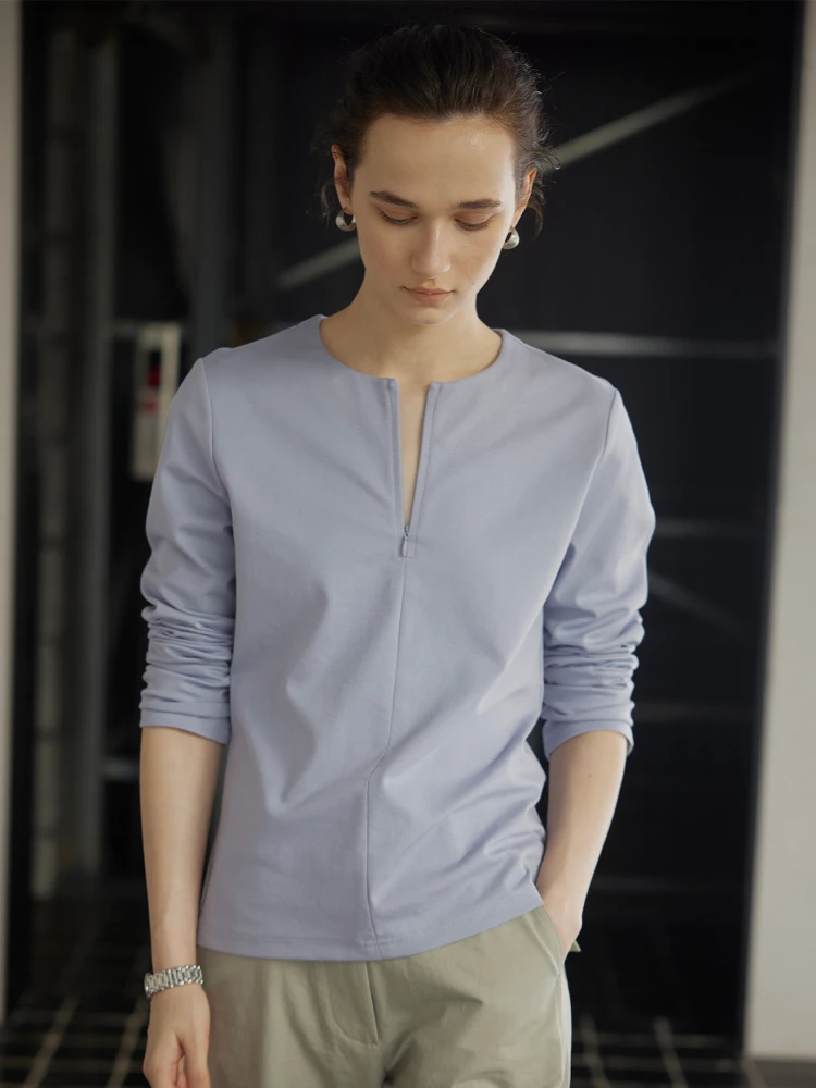 

Футболка Moofeel Mat Long Sve на молнии, облегающий топ для поездок на работу, весна 2024, повседневная круглая футболка Ne Pure Color, женская мода...