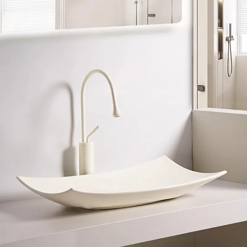 Modern Rectangular Ceramic Wash Basin Milk White Art Cream Style Bathroom Sink Creative Platform Basin for Hotel Home Decor