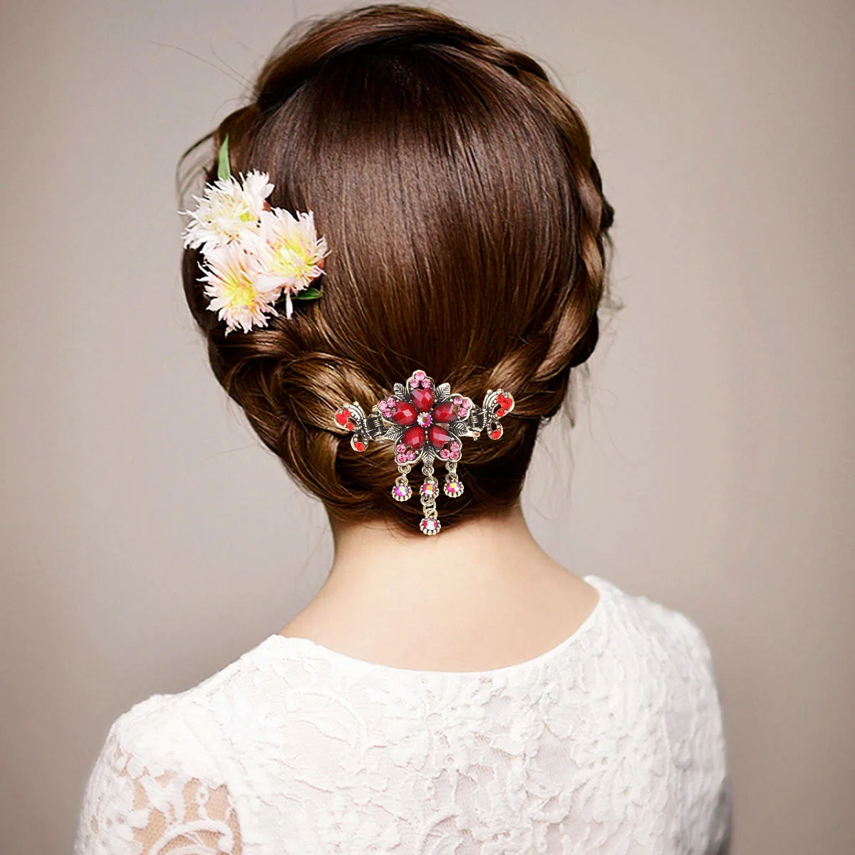 

Red Vintage Jaw Clip Rhinestone Flower Ponytail Holder Simple Convenient Design Hair Clip Accessory Ponytail Holder