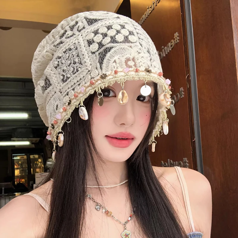 

New Bohemian Style Shell Fringed Cut-out Pullover Stack Hat Summer Thin Fashion Vacation Breathable Beanie Caps for Women's