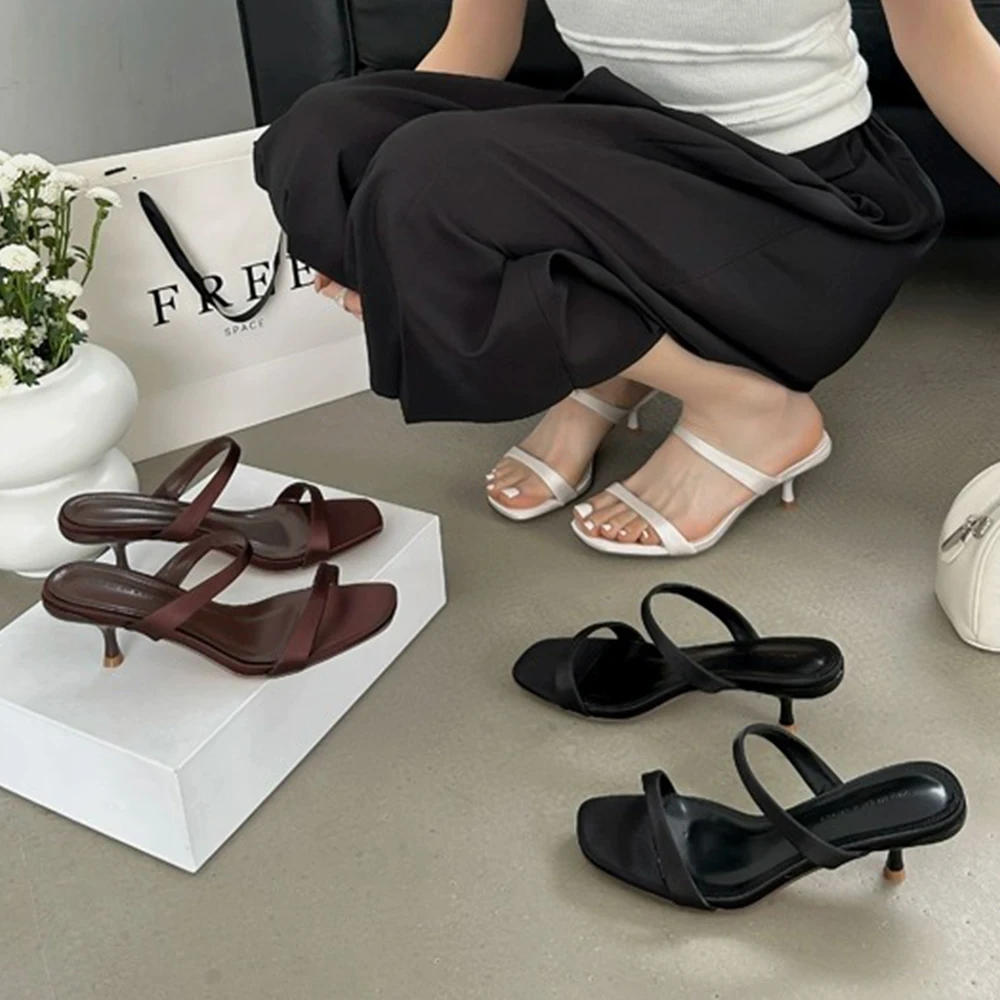 

Women's Square Open Toe Slip On Stiletto Two Strap High Heeled Sandal Kitten Heels Backless Mule Heels Slippers Slingback Shoes