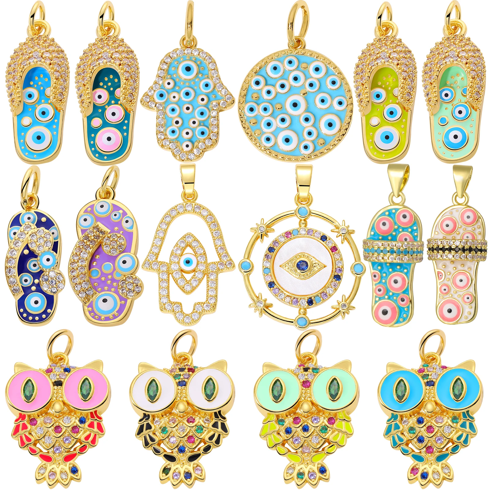 Juya Handicraft Colorful Enamel Pendants Slippers Hamsa Fatima Turkish Greek Evil Eye Charms For DIY Fashion Jewelry Making