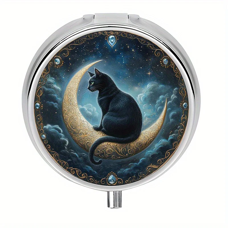 Single pack, flat, round three-compartment box, designed with a black moon-shaped figure, portable medicine storage box, unique design, suitable for travel and daily use, unique creativity