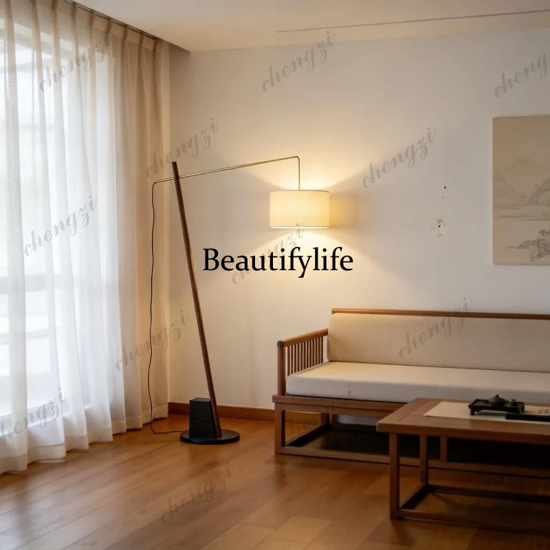 Modern simple solid wood floor lamp living room bedroom study vertical table lamp black walnut fishing lamp