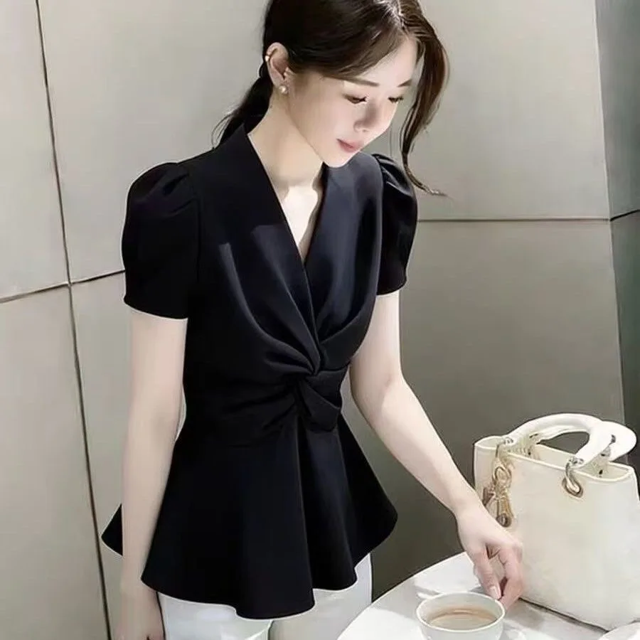 

Elegant Black Knot Tunic Shirt Slim Fit Polyester Short Sleeve V-Neck Casual Fashion Women's Shirt Unique Beautiful Waist-Cin...