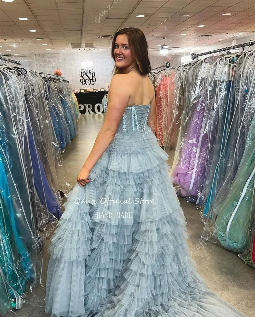 Qanz Princess Evening Dresses Elegant Dirty Blue Tiered Ruched Party Dresses Lace Up Back Long Vestidos De Festa Customized