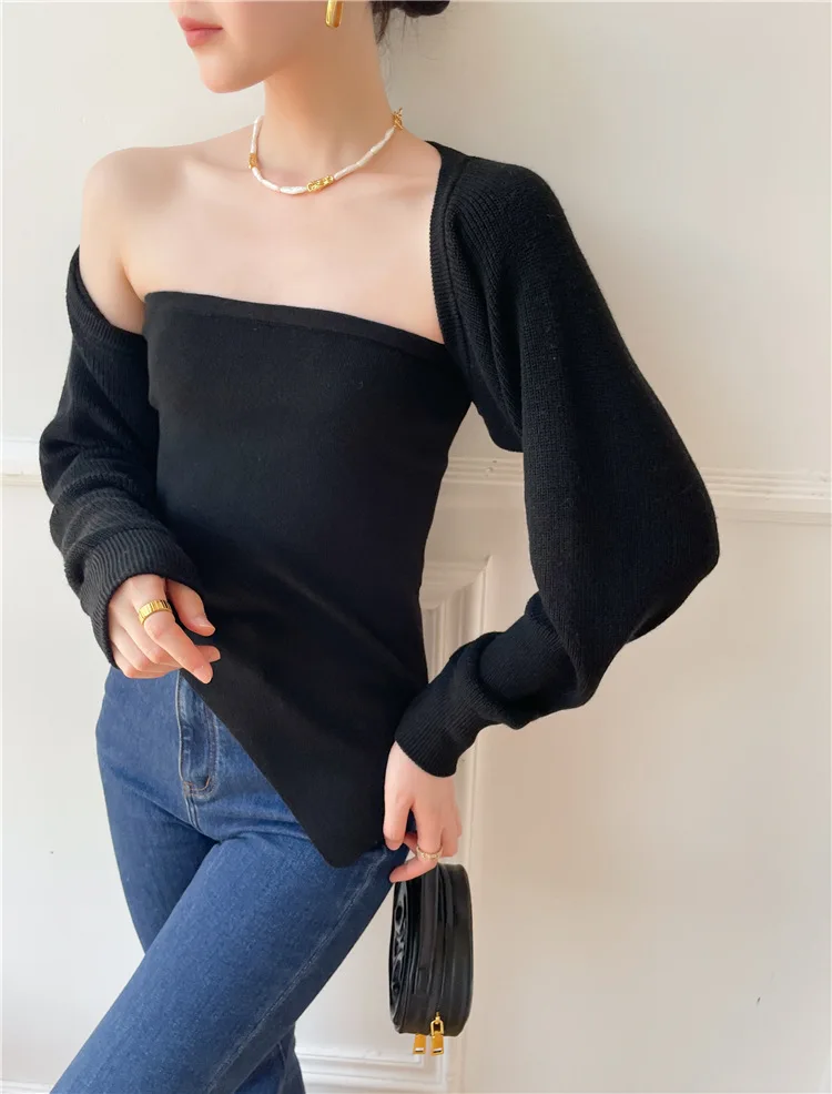 7053 캐시미어 퓨어 디자이어 투피스 세트 ~ 가을 겨울 신상 홍콩 스타일 불규칙한 밴드 튜브탑 + 숄 여성용