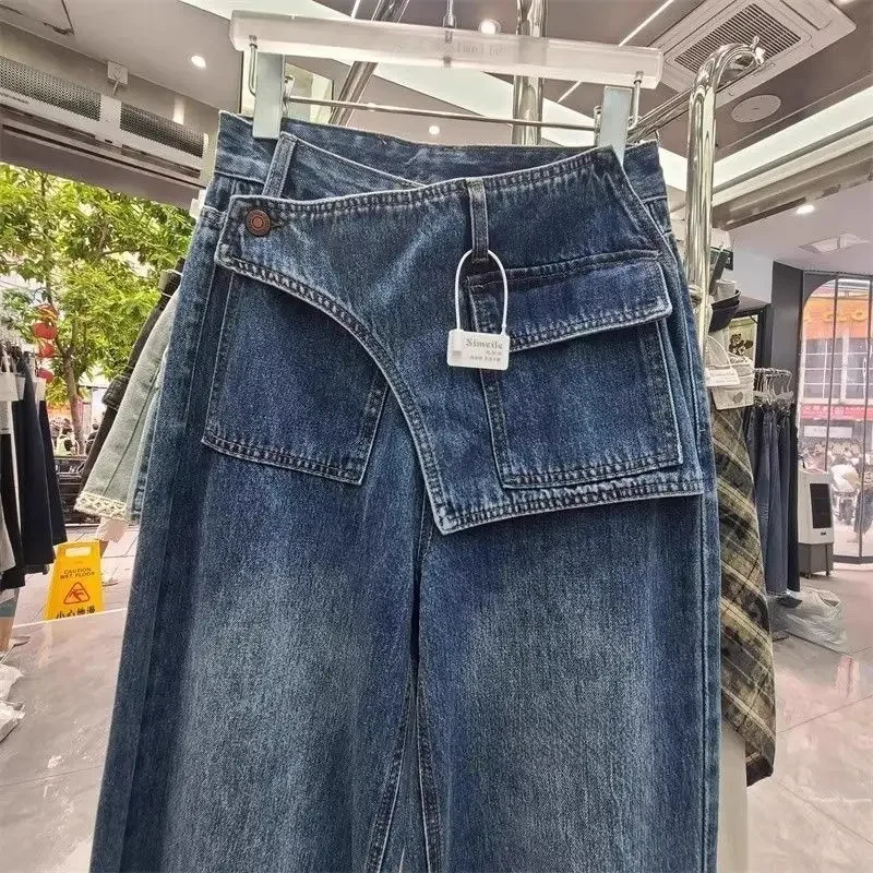 Vrouwen Losse Harajuku Retro Wijde Pijpen Broek Koreaanse Stijl Mode Vintage Gewassen Denim Broek Hoge Taille Onregelmatige Punk Jeans