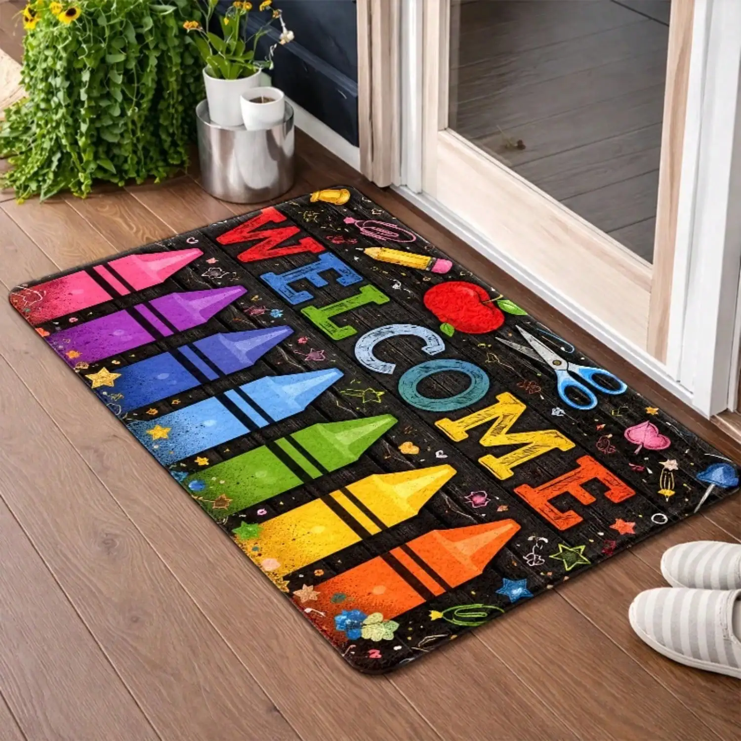 1pc, Vibrant Crayon Apple Stationery Pattern Doormat, Durable, Machine-Washable, Suitable For Bedroom, Living Room, Kitchen, Bath, Balcony, Corridor, Porch