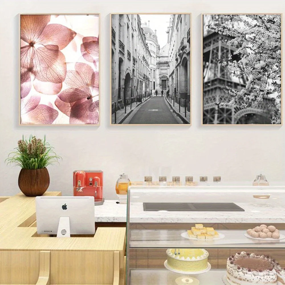 2D Flat 3pcs Unframed Paper Forge Mood Poster Set Spring Ready Picture Set with Frame Living Room Decor Bedroom Flowers Paris
