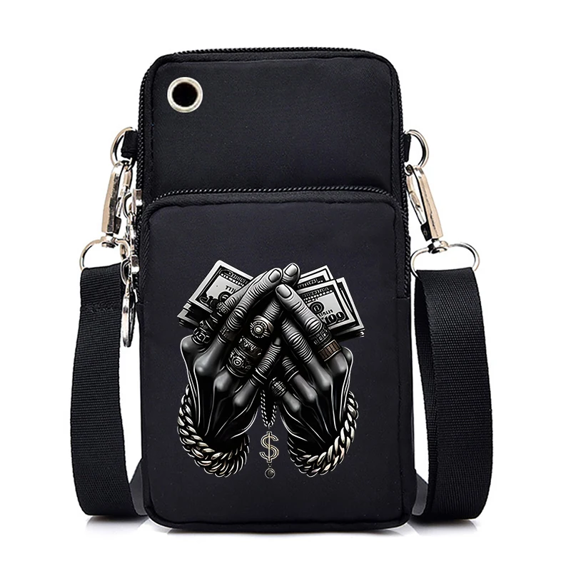 

Hip Hop Money & Hand Print Phone Pouch Mini Vintage Men Messenger Bag Multi Functional Shoulder Strap Adjustable Crossbody Bag