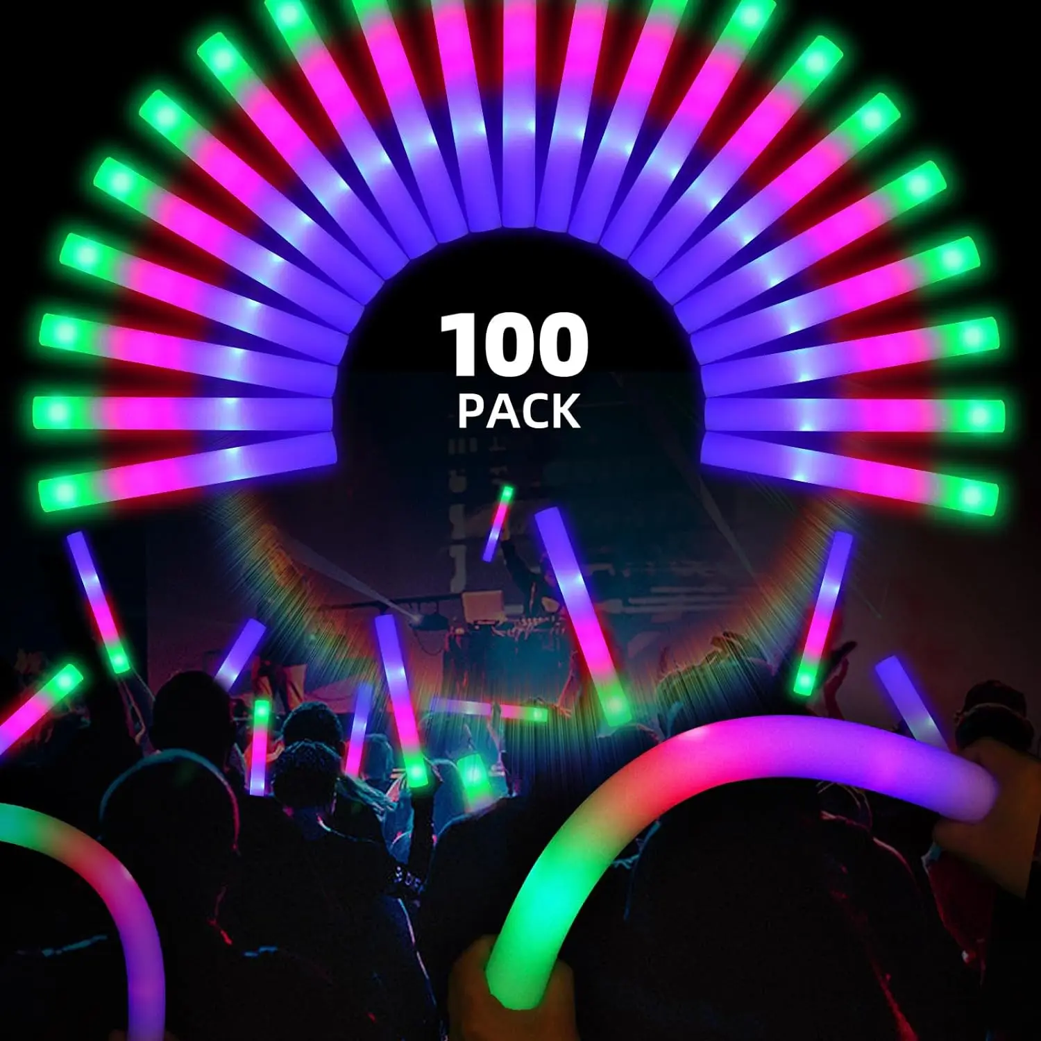 

100 Foam Glow Sticks Bulk - 3 Modes Colorful Flashing Light up LED Sticks Glow in The Dark Party Supplies for Wedding Party