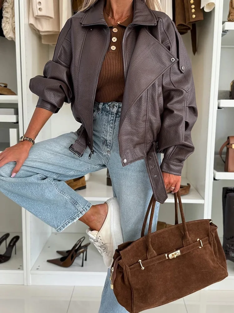 

Fashion Lapel Solid Color PU Leather Jacket Temperament Pocket Women's Vintage Coat Elegant Loose Long Sleeve Commute Outerwear