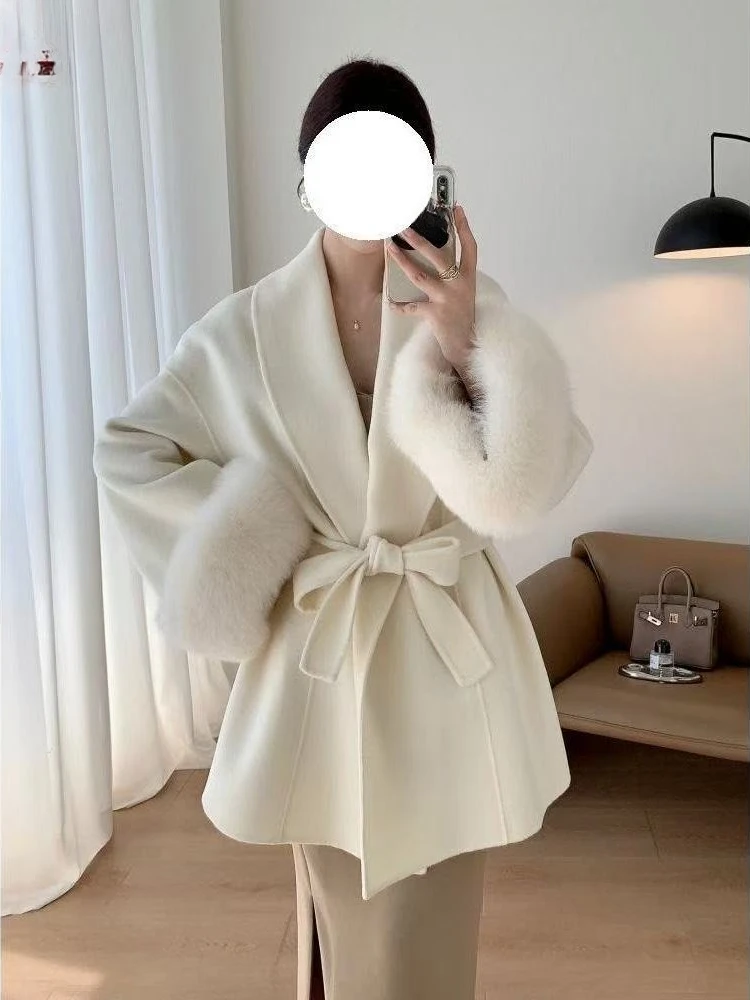 Franse stijl elegante losse wollen jas dames herfst winter effen bont patchwork modemengsels Hepburn vintage cape wollen jassen