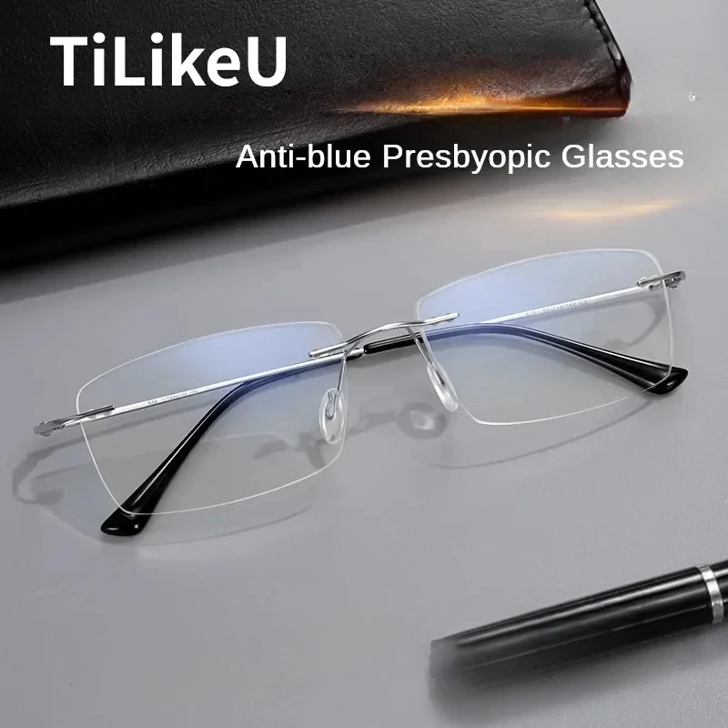 

Pure Titanium Rimless Presbyopia Reading Glasses Ultralight Men Women Square Frameless Blue Light Blocking Eye Glasses Myopia