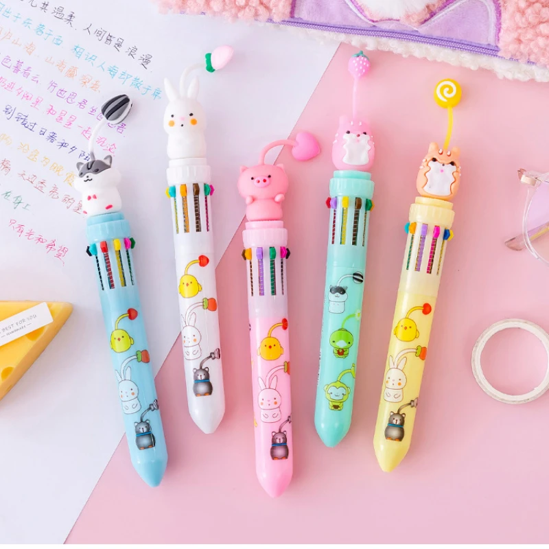 5Pcs Kawaii Animal 10 Colors Ballpoint Pens Cute Cartoon Rabbit Pig Retractable Multicolor Writing Pen School Office Stationery