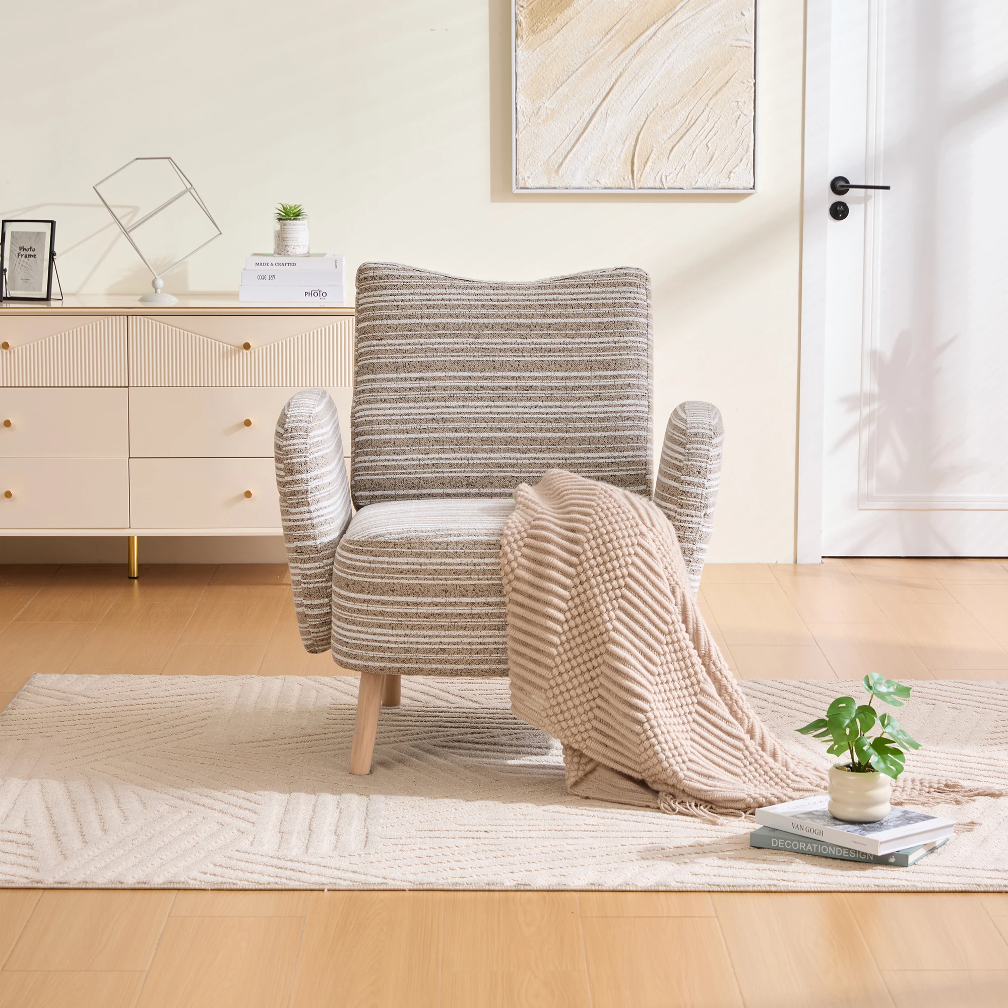 PINGGO Moderner Stoffsessel mit Seitentasche & Massivholzbeinen, Komfortabler Lesesessel für Wohnzimmer Schlafzimmer Büro – Detail 15