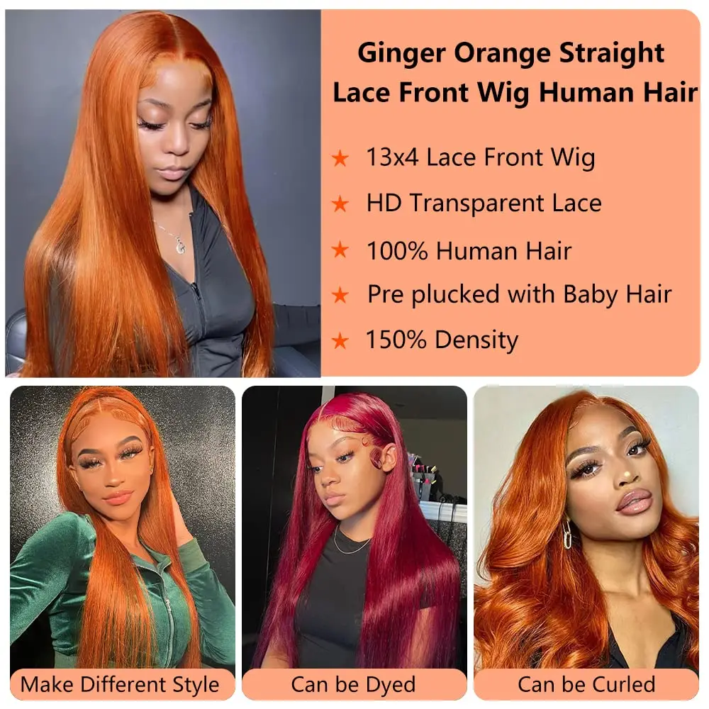 Remy 200 Density Transparent 13x6 HD Lace Frontal Wig Straight Lace Front Wigs Human Hair Ginger Orange Black Wig Witout Glue