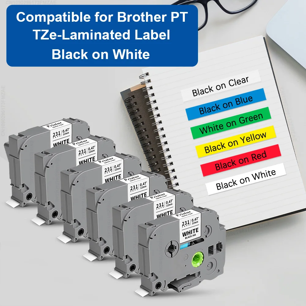 10PK TZe231 12mm Label Compatible for Brother P-touch Label Maker 12mm Laminated Label TZe 231 Black on White for Brother TZ231