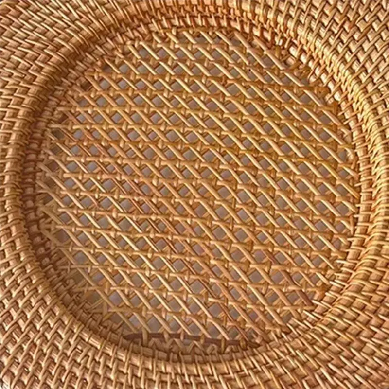A85M Handmade 13 Inch Rattan Plate Decorative Round Placemat Bread Snack Serving Tray Table Decoration