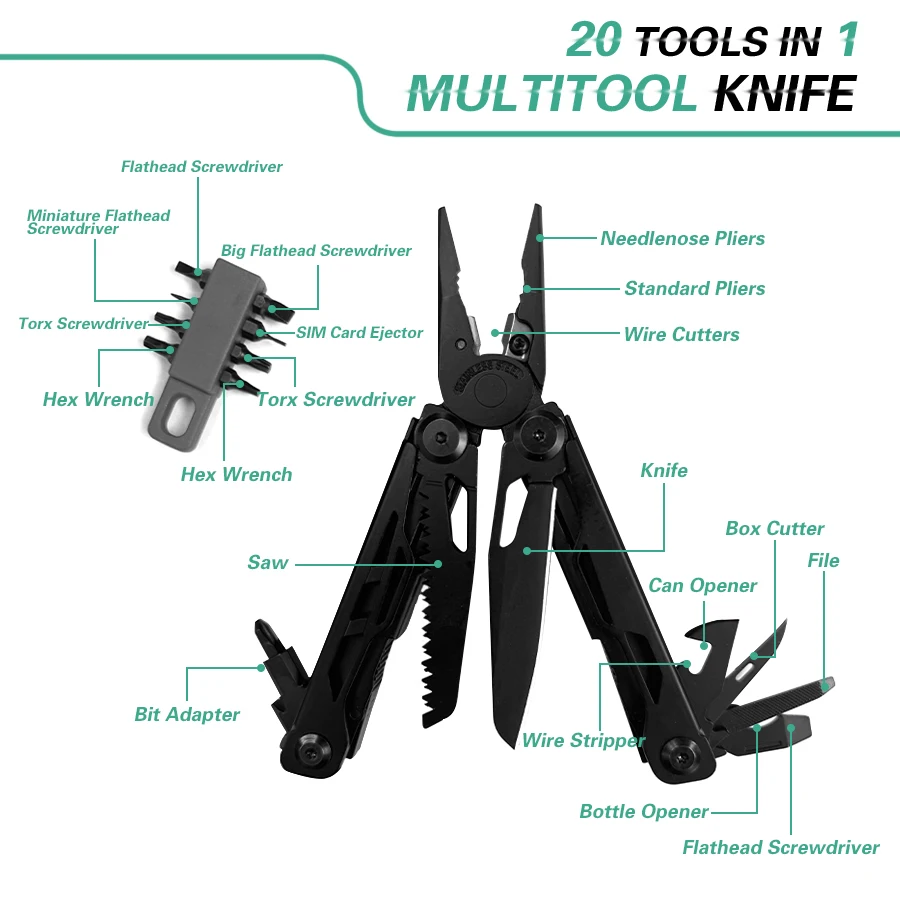 Hand Tools 20 in 1 stainless steel Multi-purpose Pliers Outdoor Knife, Screwdriver, Camping Multi-Tool Gift for Men Christmas