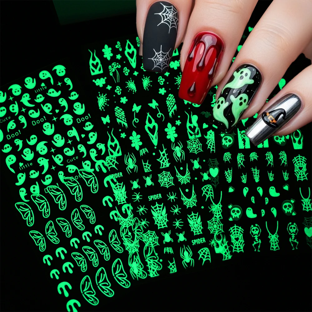 

3D Luminous Halloween Nail Art Sticker Cute Ghost Butterfly Spider Web Skull Nail Decals Glow In The Dark Halloween Manicure Dec