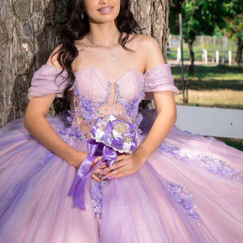 

Lavender Quinceanera Dresses Off the Shoulder Glitter 3D Flower Crystal Decal Long tail Vestidoe 15 Quinceanera Customize