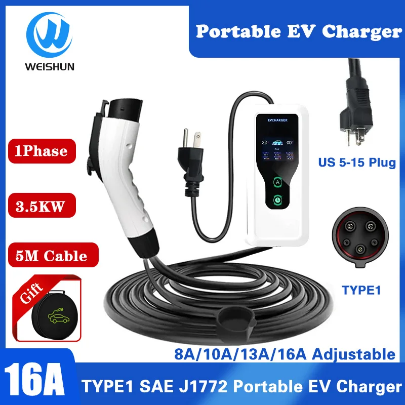 

Portable EV Charger Type1 16A 3.5KW Electric Car Charger SAE J1772 5M Charging Cable US 5-15 Plug Adjustable Wallbox EVSE