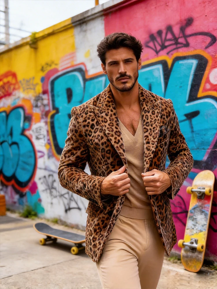 New Men's Suit Jacket Leopard Print Velvet Single Breasted Slim Men's Suit Coat Casual Party Wild And Trendy Handsome Blazers