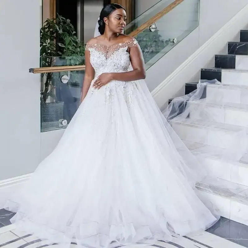 

Customized African Plus Size Wedding Dresses Off The Shoulder Sheer Neckline Formal Tulle Beads Appliques Bridal Gowns