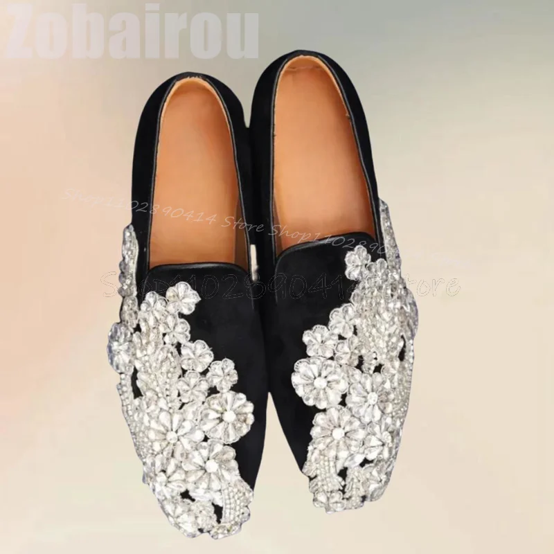 Crystal Flower Decor Black Suede Loafers Fashion Slip On Men Shoes Luxury Handmade Party Feast Banquet Wedding Men Dress Shoes