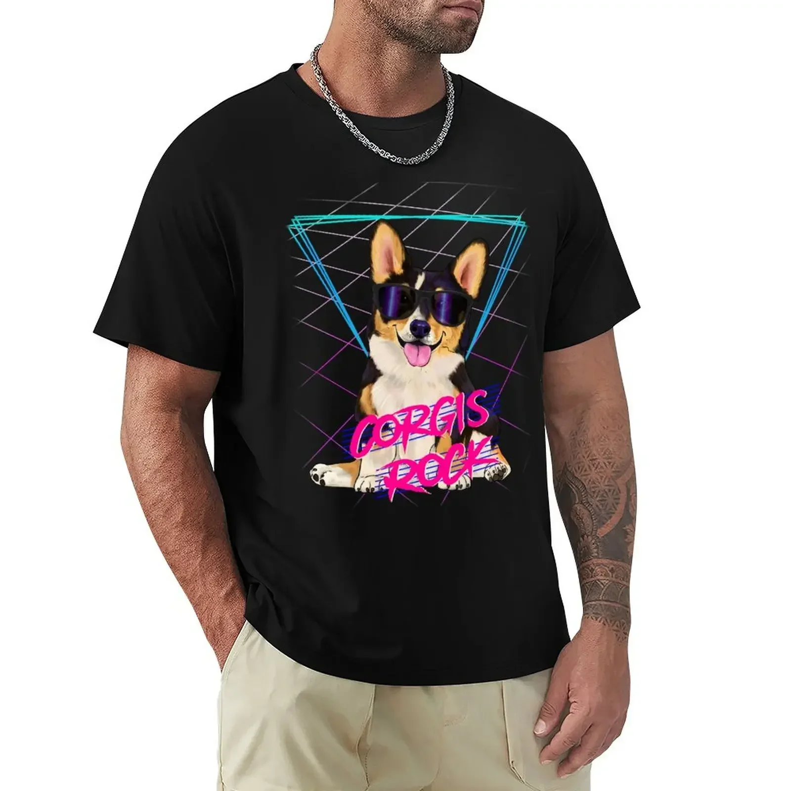 Corgis rock - Tri-color corgi with sunglasses and 80s background T-shirt oversizeds customizeds t shirt men