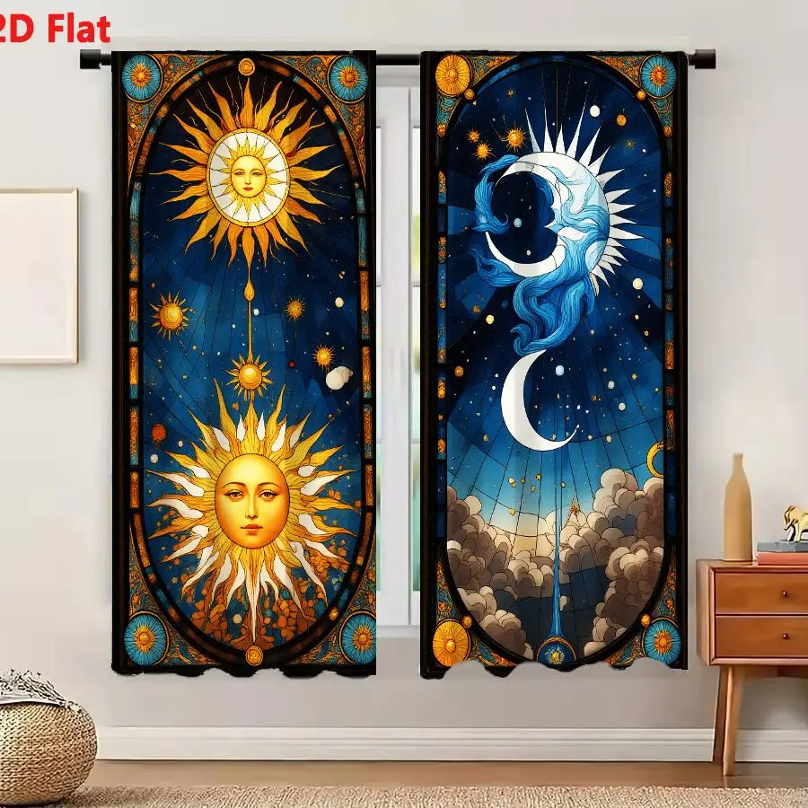 2Pcs Curtains 2D Flat Vertical Stained Glass Panels Sun And Moon Celestial Mythology Cathedral Window Art Window Drapes for Bedr