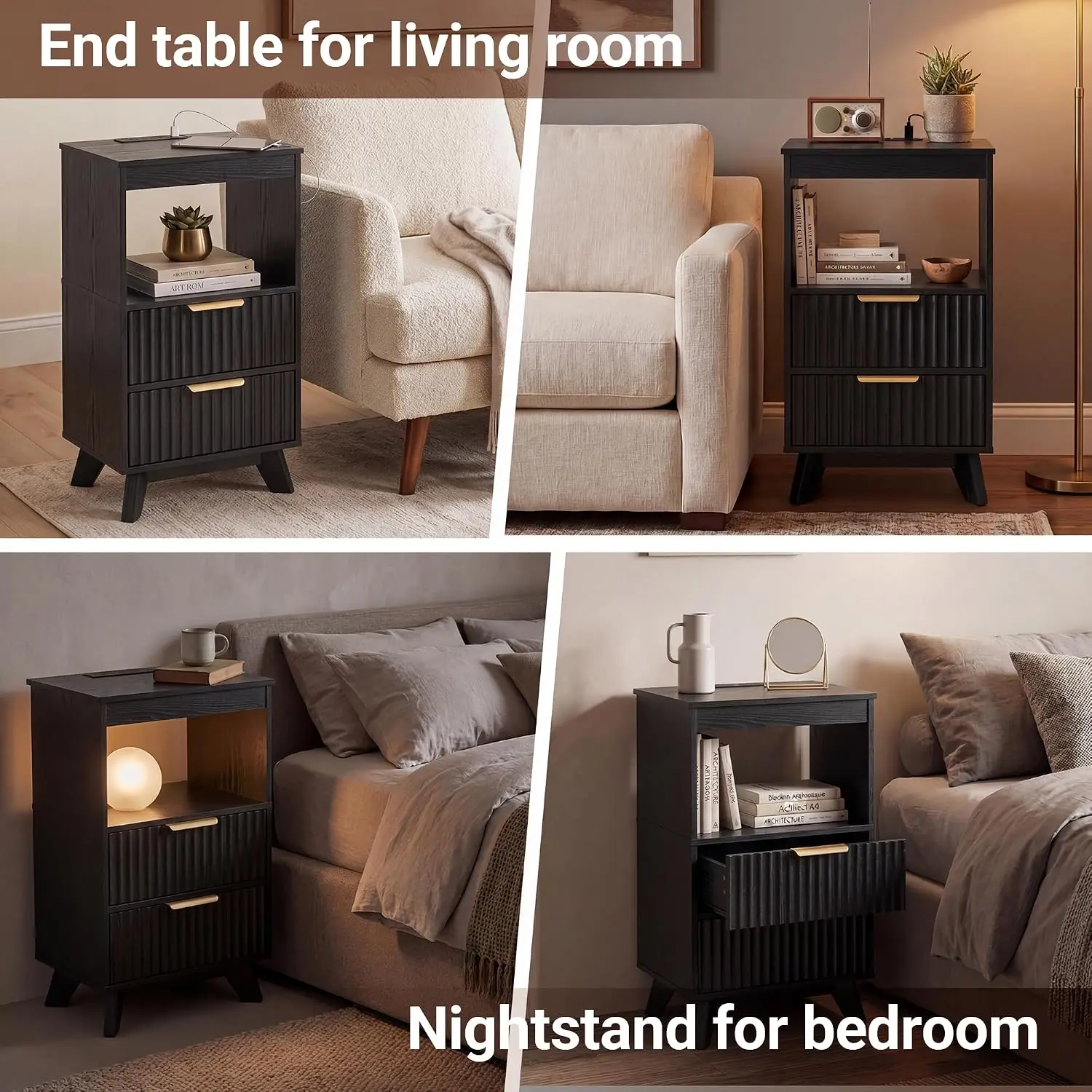 30" Tall Nightstands Set of 2,Fluted Nightstand with Charging Station,Wooden Tall Bedside Table with 2 Drawers and Storage Shelf