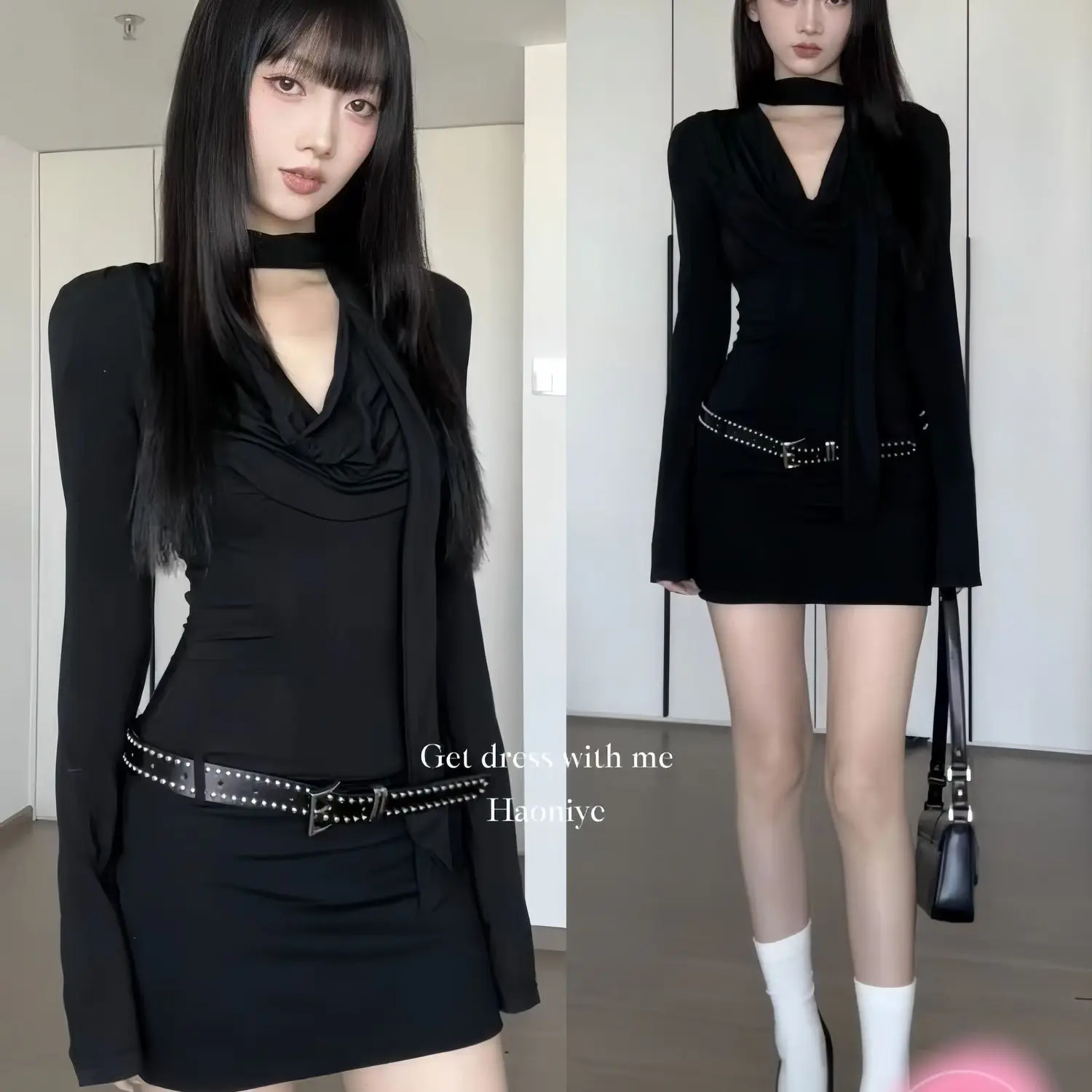 Hot Girl Black Long-sleeved Dress Women Royal Sister Hip-covering Short Skirt