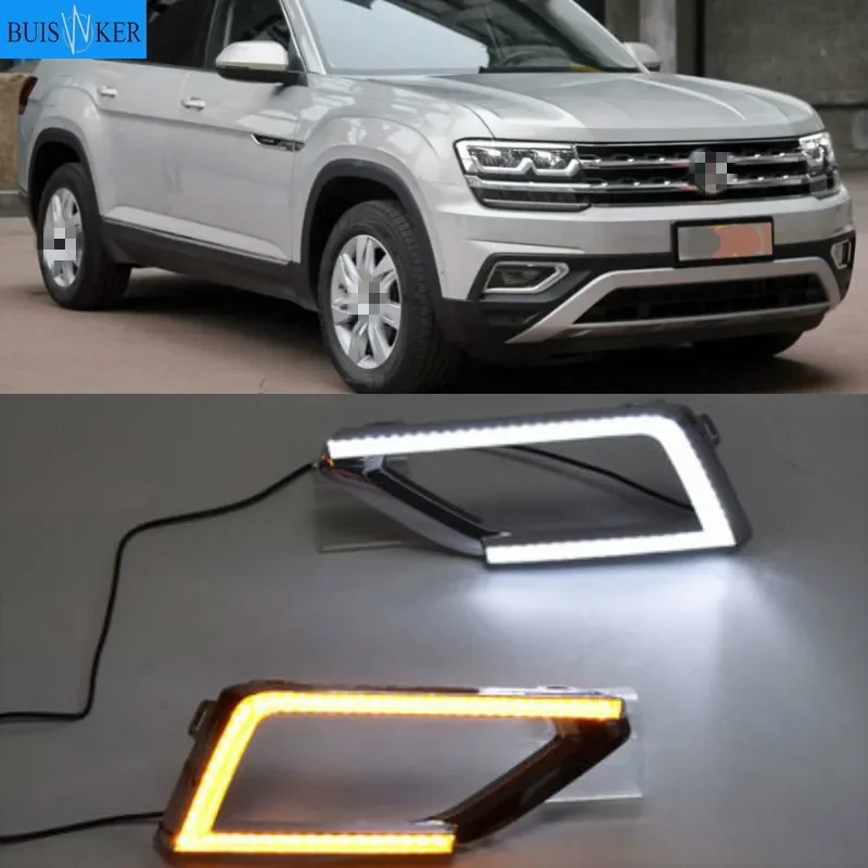 1 Pair Car LED Daytime Running Light 2-Color 12V Fit for VW Teramont Atlas 2017-2018 Fog Lamp Cover