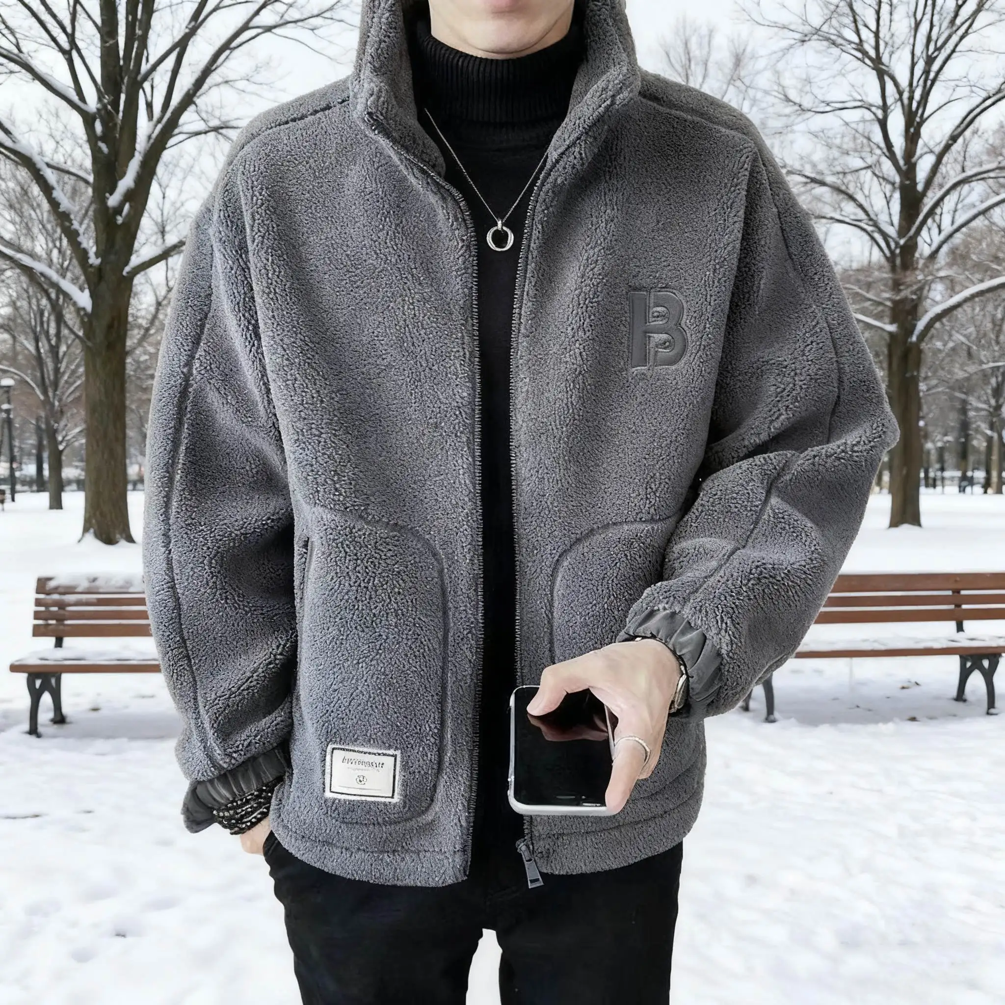 معطف سترة صوفية مفتوحة من Lamb Velvet Thiened للرجال من القطن Jaet شتاء دافئ كاجوال Sle Fce مبطن بأزرار مزدوجة الصدر