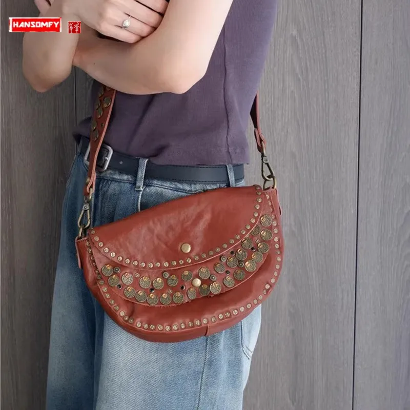 

Luxury Fashion Genuine Leather Women's Bag First Layer Cowhide Shoulder Messenger Saddle Bag Retro Rivet Bags 2024 New