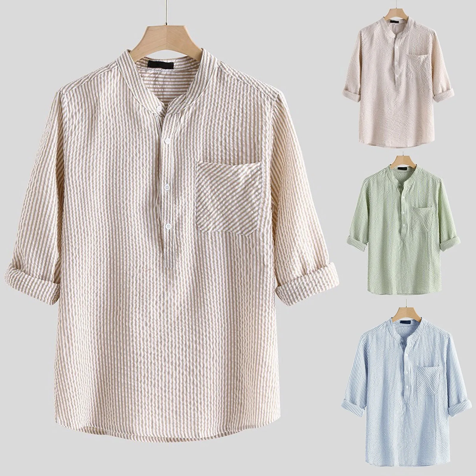 

Mens Long Sleeved Shirt Casual Stand Collar Button Down Male Blouses Simple Stripe Printing Loose Blouse Top Cotton Men Tops