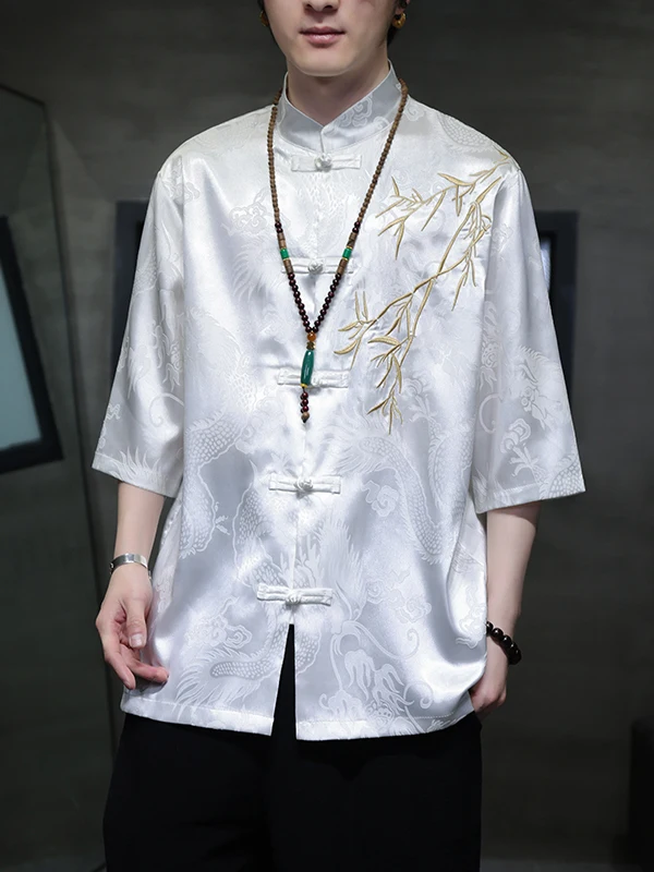 

New Chinese Style Men's Ice Silk Short Sleeve Shirt Jacket Summer New Embroidery Tang Costume Hanfu Shirt Youth Fashion Stand...