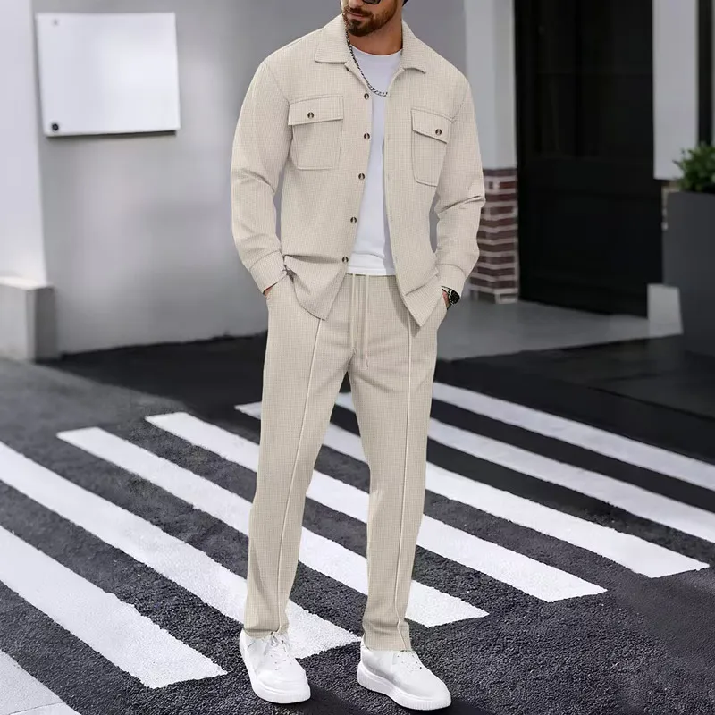 Men's Spring and Autumn Hot Style New Solid Color Button Pocket Shirt Long Sleeve Long Pants Two Piece Set - view 6