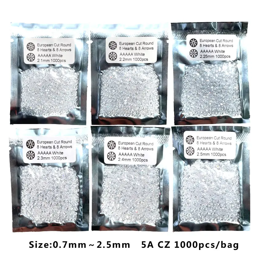 1000pcs/bag AAAAA Grade White 0.7mm~2.5mm Zircon Stone Brilliant Round Cut Cubic Zirconia Stones For Jewelry Making DIY