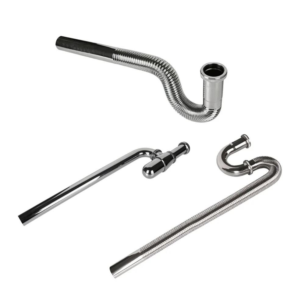 Stainless Steel Drain Pipe for Washbasins Horizontal Installation Isolation Backflow Prevention 46x13cm 35x3.2cm 58x20cm