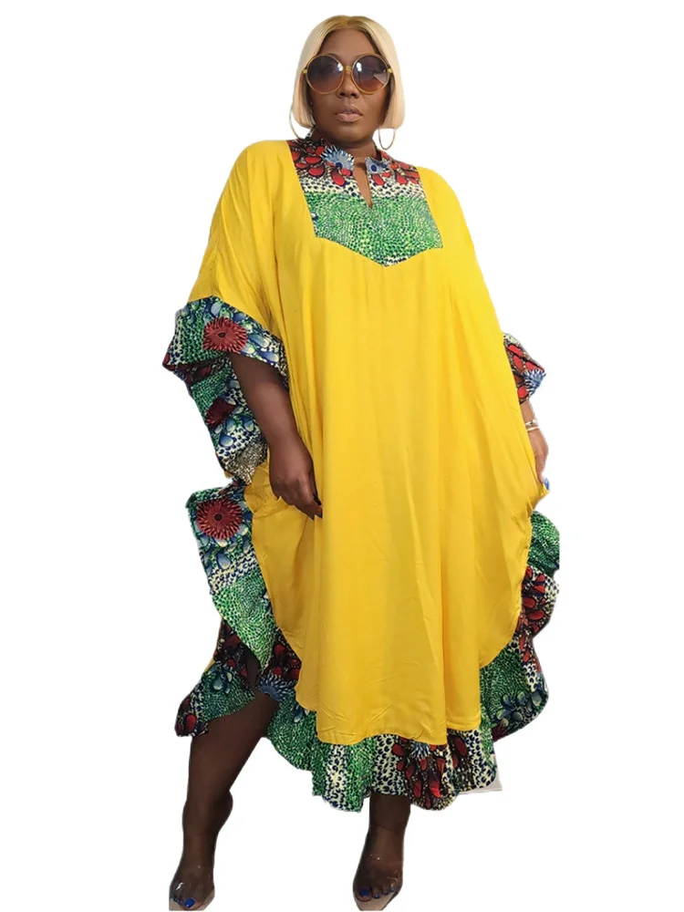 Wmstar plus size vestido feminino retalhos áfrica maxi vestido roupas formal decote em v solto floral impressão elegante atacado dropshipping