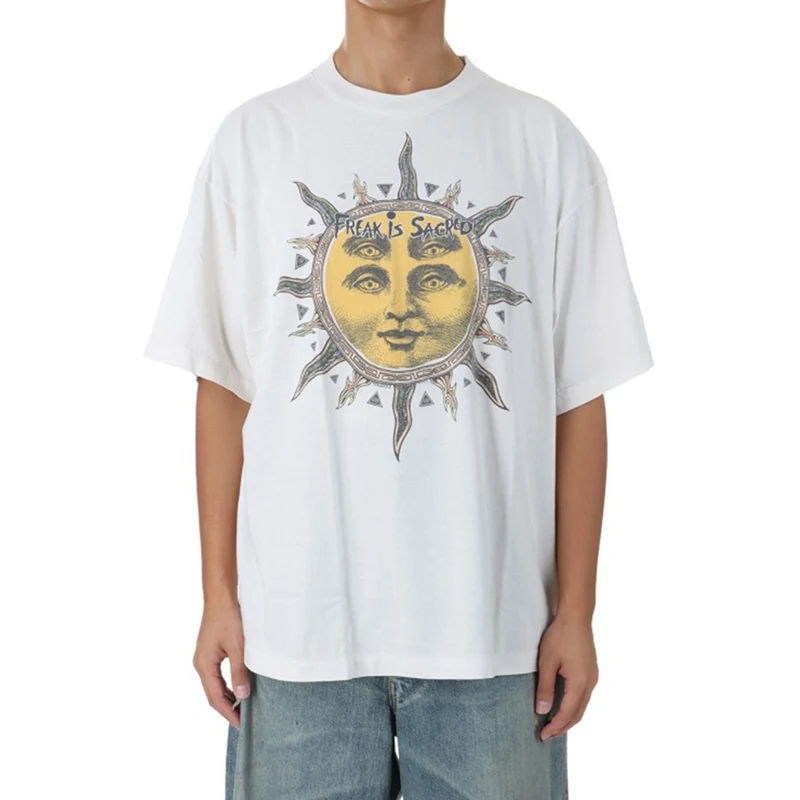 

Saint of Michael Vintage Sun Print round Ne ort Sve T-irt Men's Faion Retro Streetwear Casual Cotton Top
